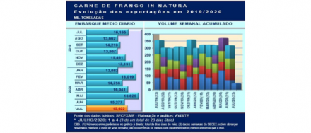 EXPOMEAT 2021 Na primeira semana de julho (1 a 4, três dias úteis) o Brasil exportou 47.765 toneladas de carne de frango, volume equivalente a, aproximadamente, 15.922 toneladas diárias, resultado 4,22% superior à...